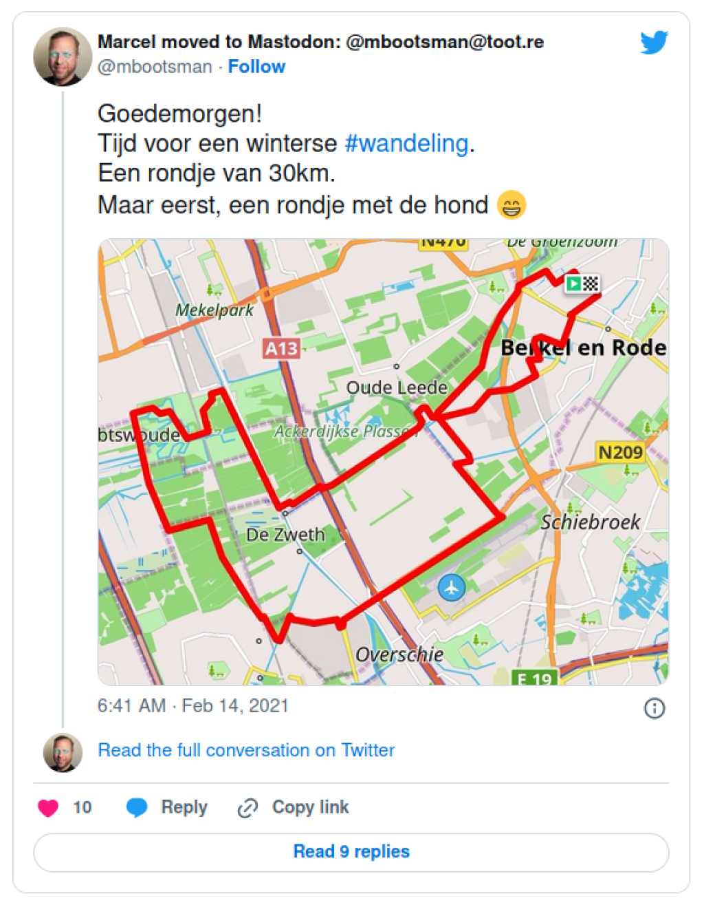 Screenshot of tweet 1360826510198898692 where I share the map of my planned walk.