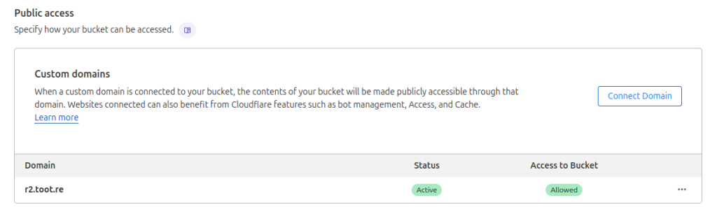 Screenshot with text: 

Public access
Specify how your bucket can be accessed.

Custom domains
When a custom domain is connected to your bucket, the contents of your bucket will be made publicly accessible through that domain. Websites connected can also benefit from Cloudflare features such as bot management, Access, and Cache. 
Domain Status	Access to Bucket	
r2.toot.re	Active  Active.