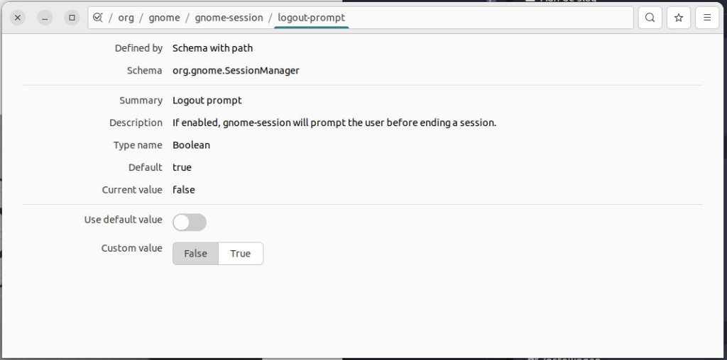 Image of the dconf Editor, showing the Logout prompt key.