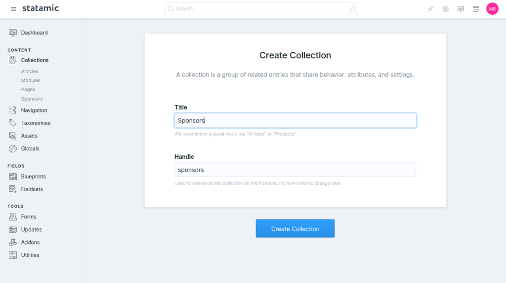 Adding a new collection to Statamic.