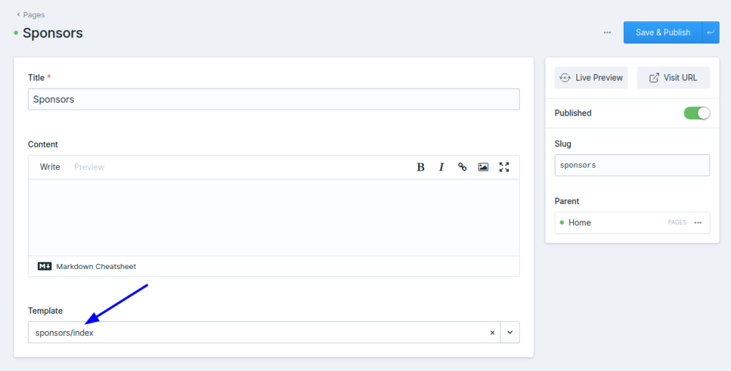 Setting the template for the Sponsor page.