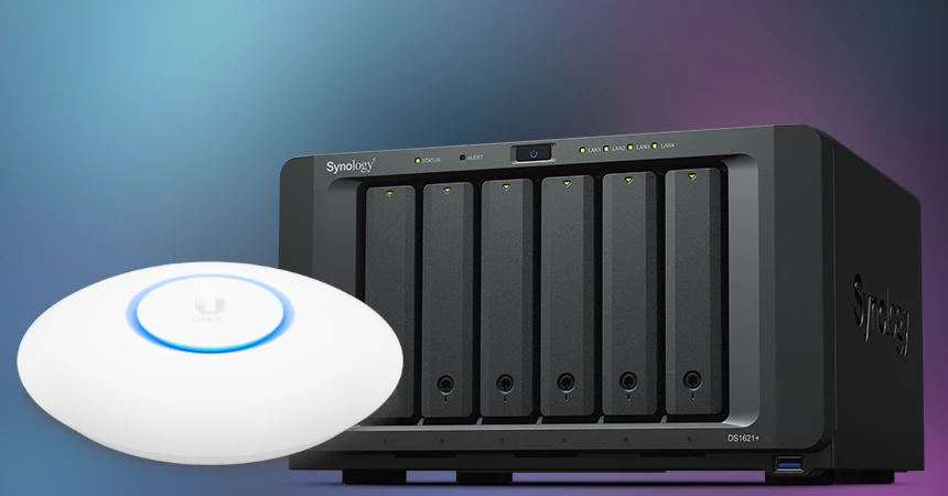 Image of a DiskStation DS1621+ and a Ubiquiti UniFi U6+